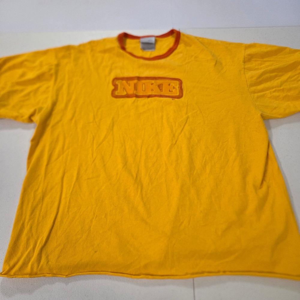 Nike Vintage Y2K Yellow Orange Ringer T-Shirt Graphic Logo Cropped Large L